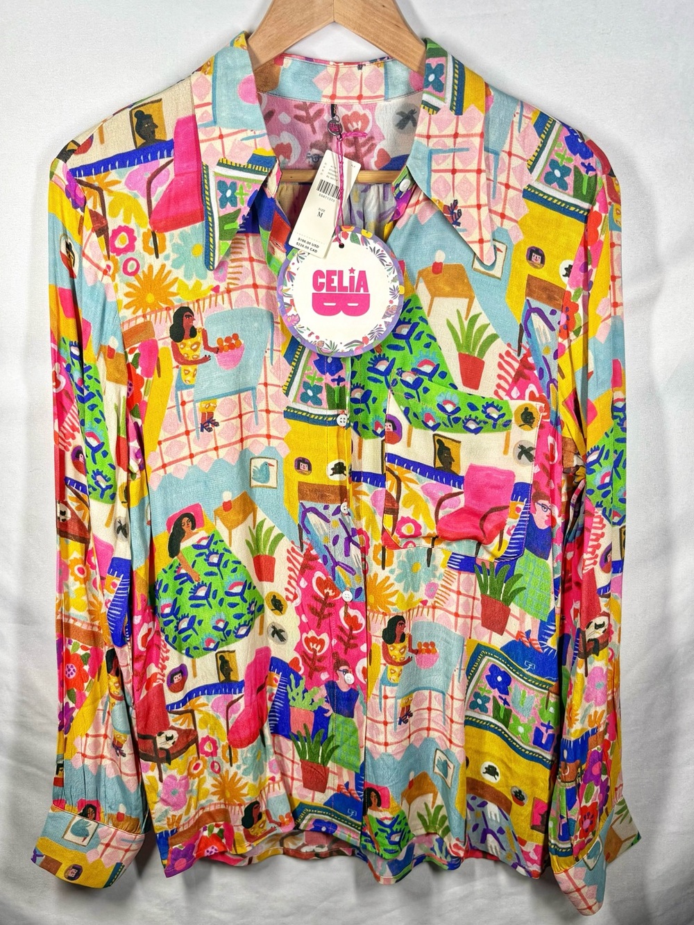 NWT Anthropologie CELIA B Multicolor Printed Button-Up Long Sleeve Blouse. Med